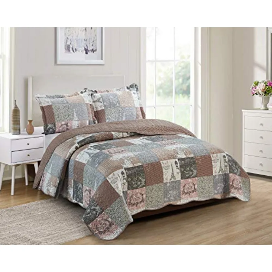 

Комплект из 3 предметов: стеганое покрывало Latte Grey Paris и Toile Floral Patchwork с 2 наволочками, двустороннее, мягкое, легкое, универсальное.
