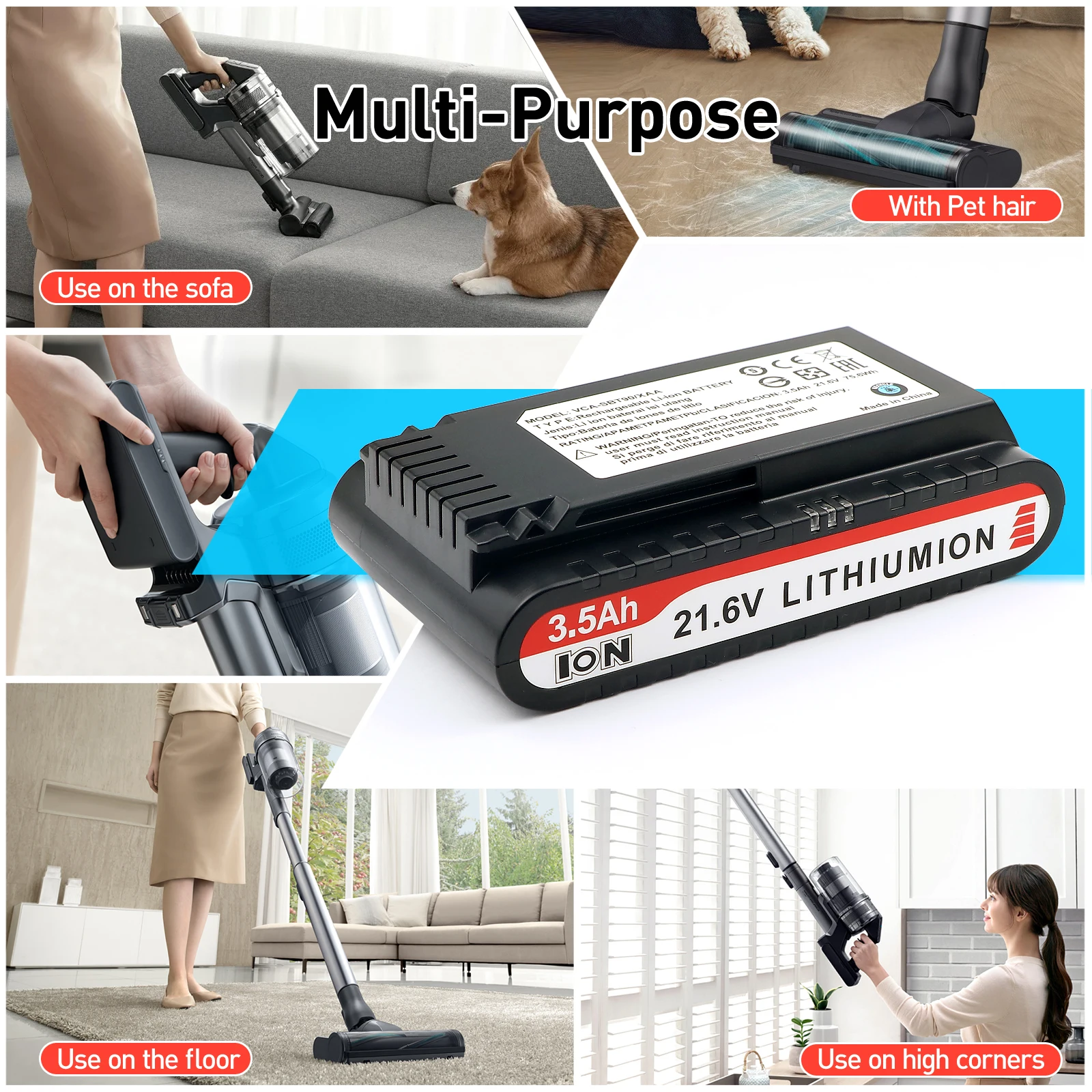 21.6V 3500mAh 2PCS Replacement Vacuum Cleaner Li-ion Battery for Samsung Jet 90/Jet 75 Pet Cordless Stick Vacuum VCA-SBT90/XAA