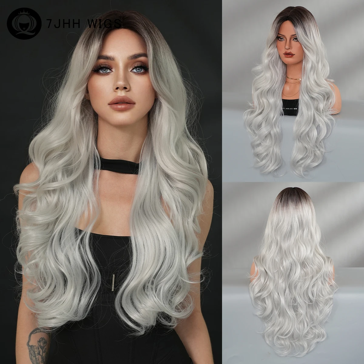 7JHH WIGS Long Water Wave Ash Silver Wig for Women Synthetic Modest Fashion Middle Part Wear and Go Wigs with Dark Roots