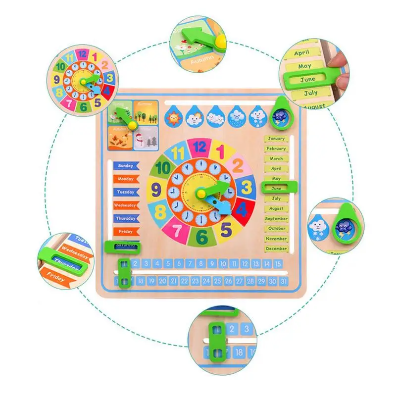 어린이용 나무 시계 장난감 블록, 조기 학습 달력, 유치원 교육 완구, 남아 및 여아용