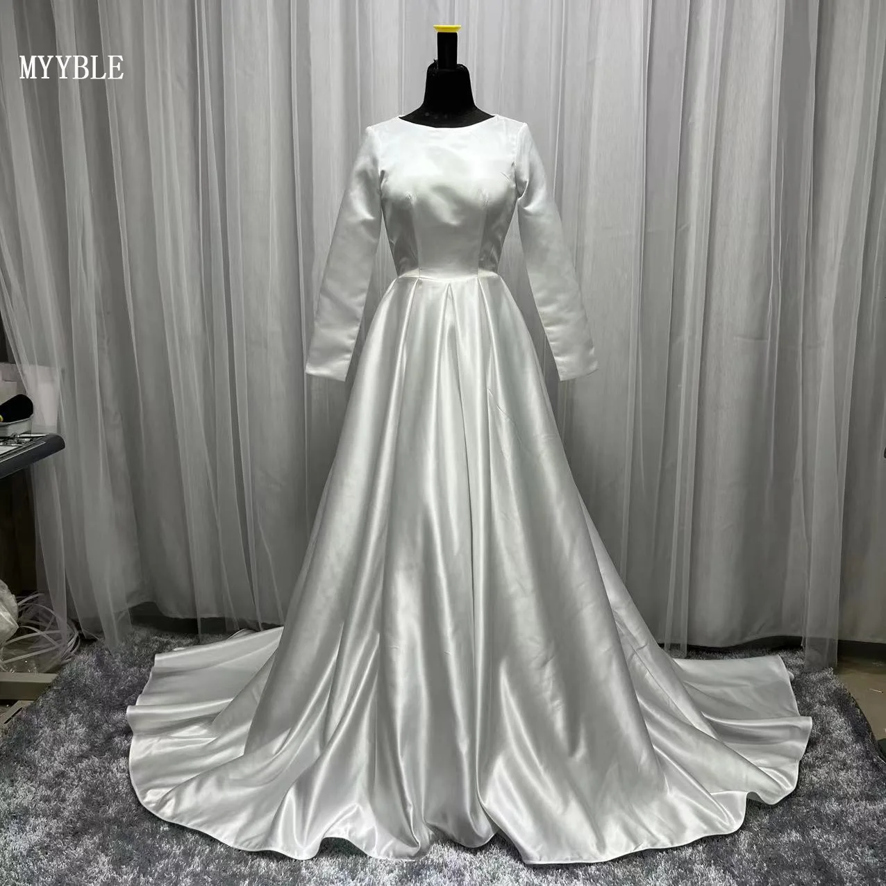 Plus Size Lange Mouwen Jurk Satijn Vestido De Novia 2022 Custom Made A Line Bruid Gown Robe Mariage Boda trouwjurk