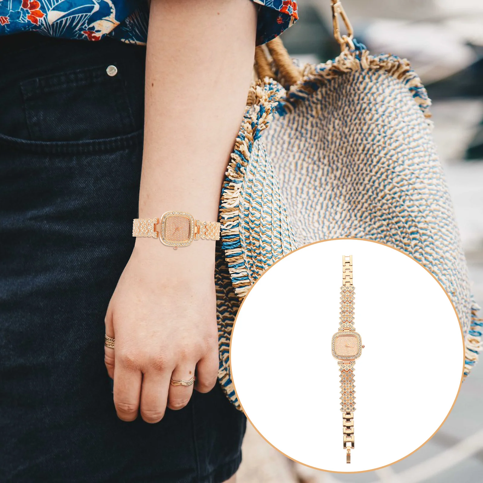 Rhinestone Embellished Women Wrist Watch Exquisite Casual Stylish Lady Watch Adjustable Strap Fashionable Gift