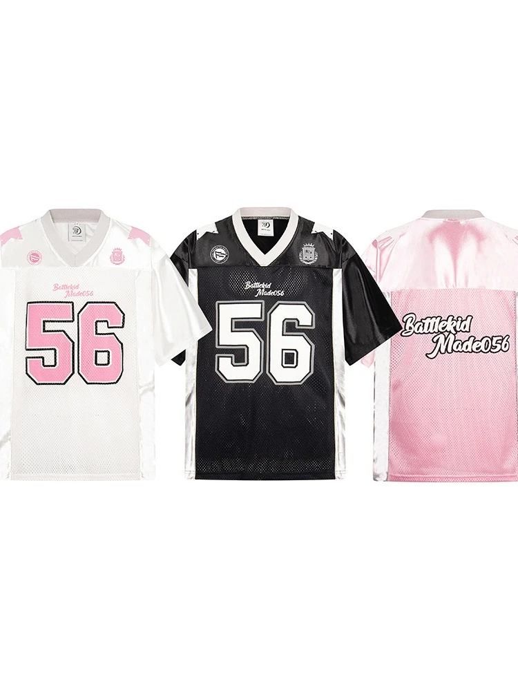 2025 Nuova maglietta sportiva in jersey patchwork T-shirt americana vintage in maglia con scollo a V T-shirt allentata casual da donna estiva oversize