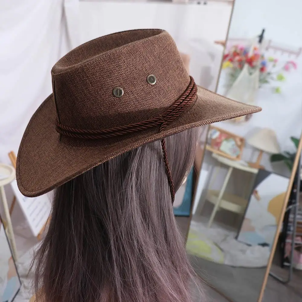 

Linen Western Cowboy Hat Beach Cap Wide Brim Summer Sun Hat Outdoor Visor Cap Sun Protection Cap Beach Sunscreen Cap Holiday