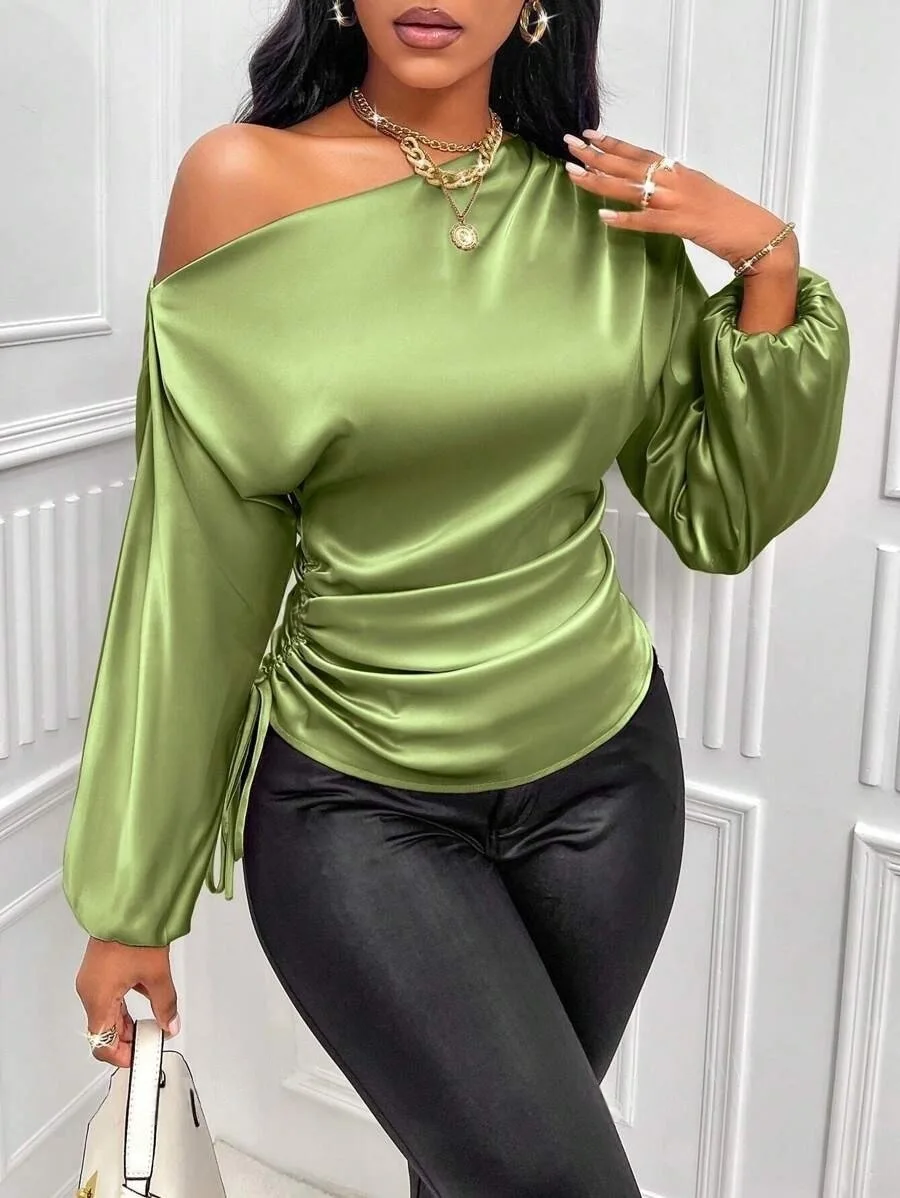 Autumn Winter Temperament Slant Shoulder Long Sleeve Sexy Open Shoulder Loose Slant Collar Design Blouse