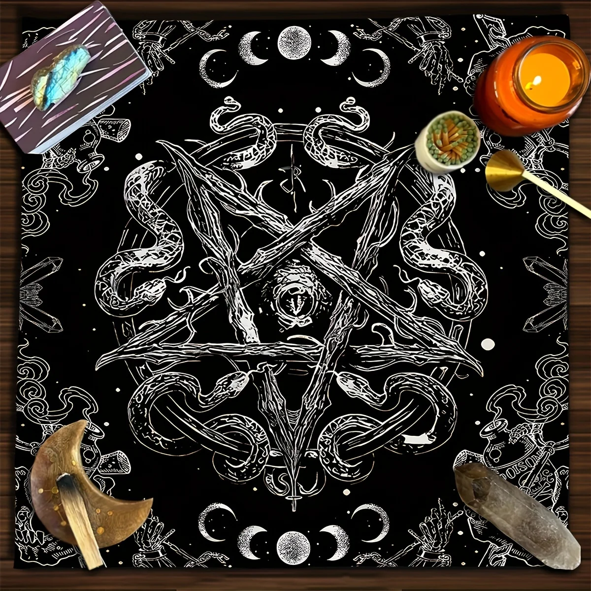 1pc Black Altar Cloth with Pentagram & Moon‑phases, Astrological & Geometric Symbols, Tarot Tablecloth for Witchcraft