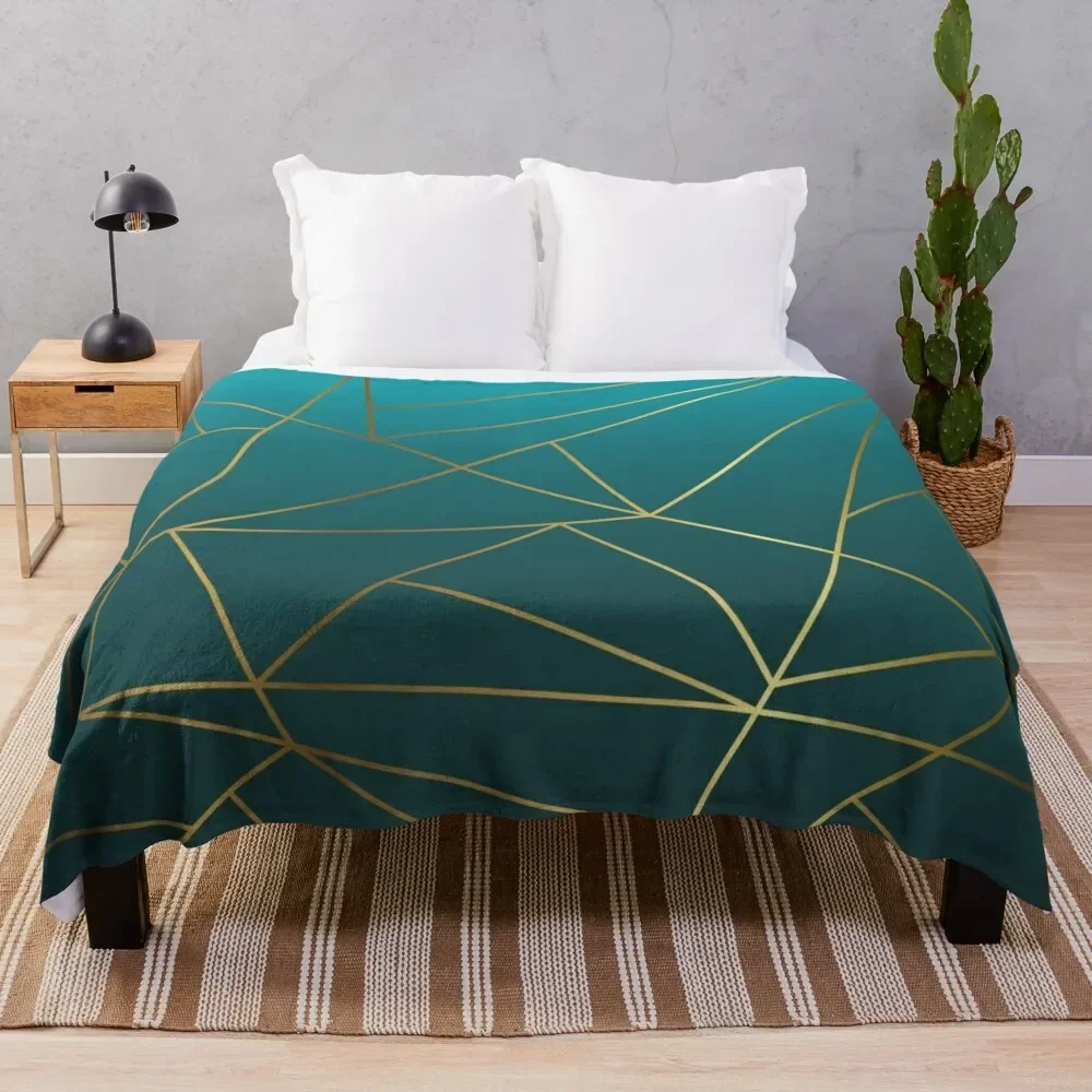 

Teal Ombre and Metallic Gold Geometric Design Throw Blanket Beautifuls Thin Decorative Beds Giant Sofa Sofa Blankets