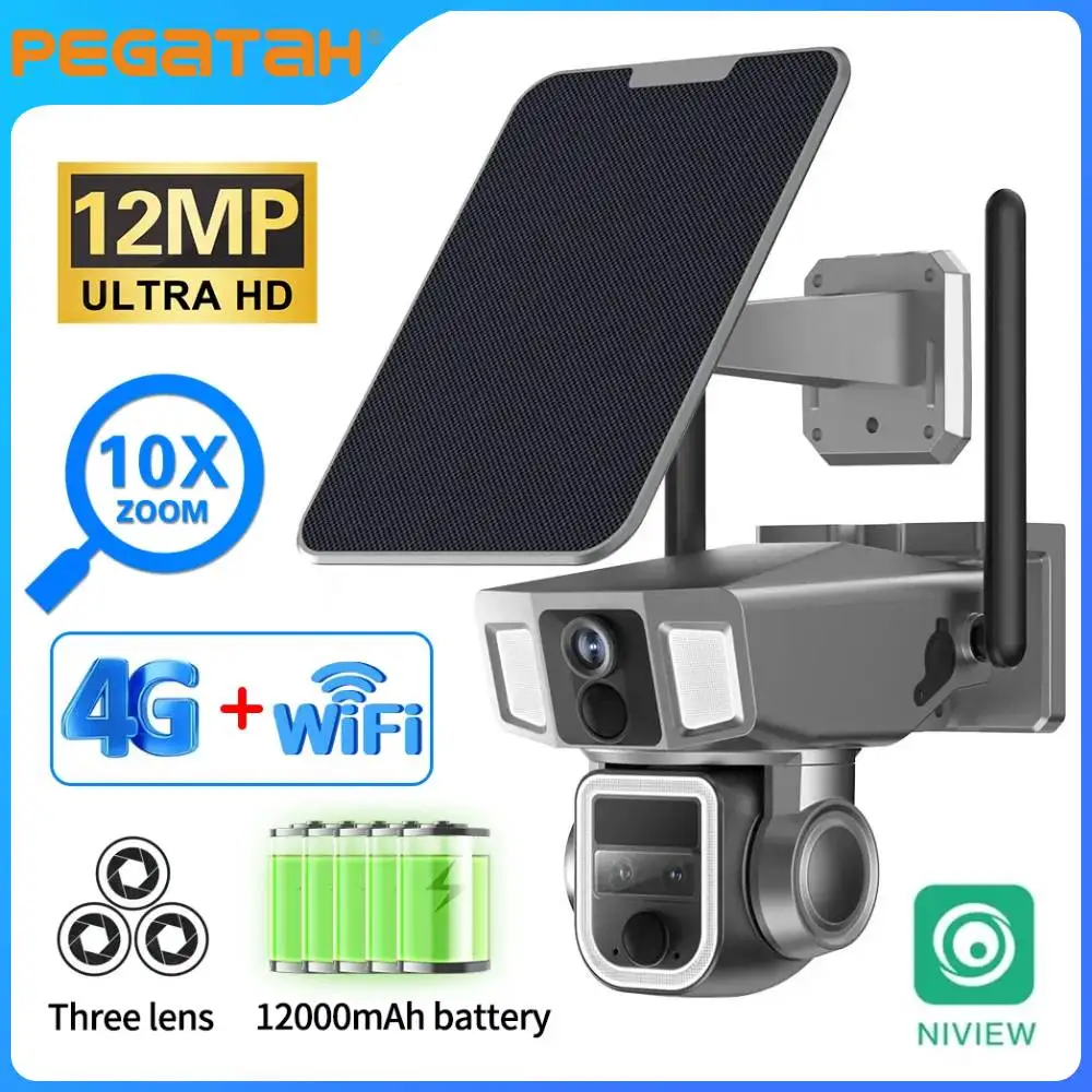 PEGATAH 12MP 6K 10X Zoom كاميرا تعمل بالطاقة الشمسية بشاشة مزدوجة خارجية 4G/WiFi 2 في 1 ثلاثة عدسات مزدوجة PIR كشف تتبع تلقائي كاميرا CCTV