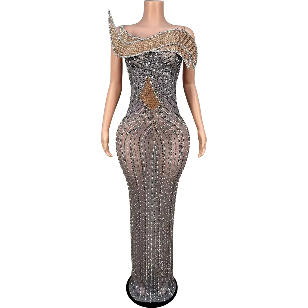 

Luxury Sparkly Rhinestone Long Dress Women Sexy Mesh Birthday Celebrate Evening Dress Party Photo Shoot Wear Performance Costume