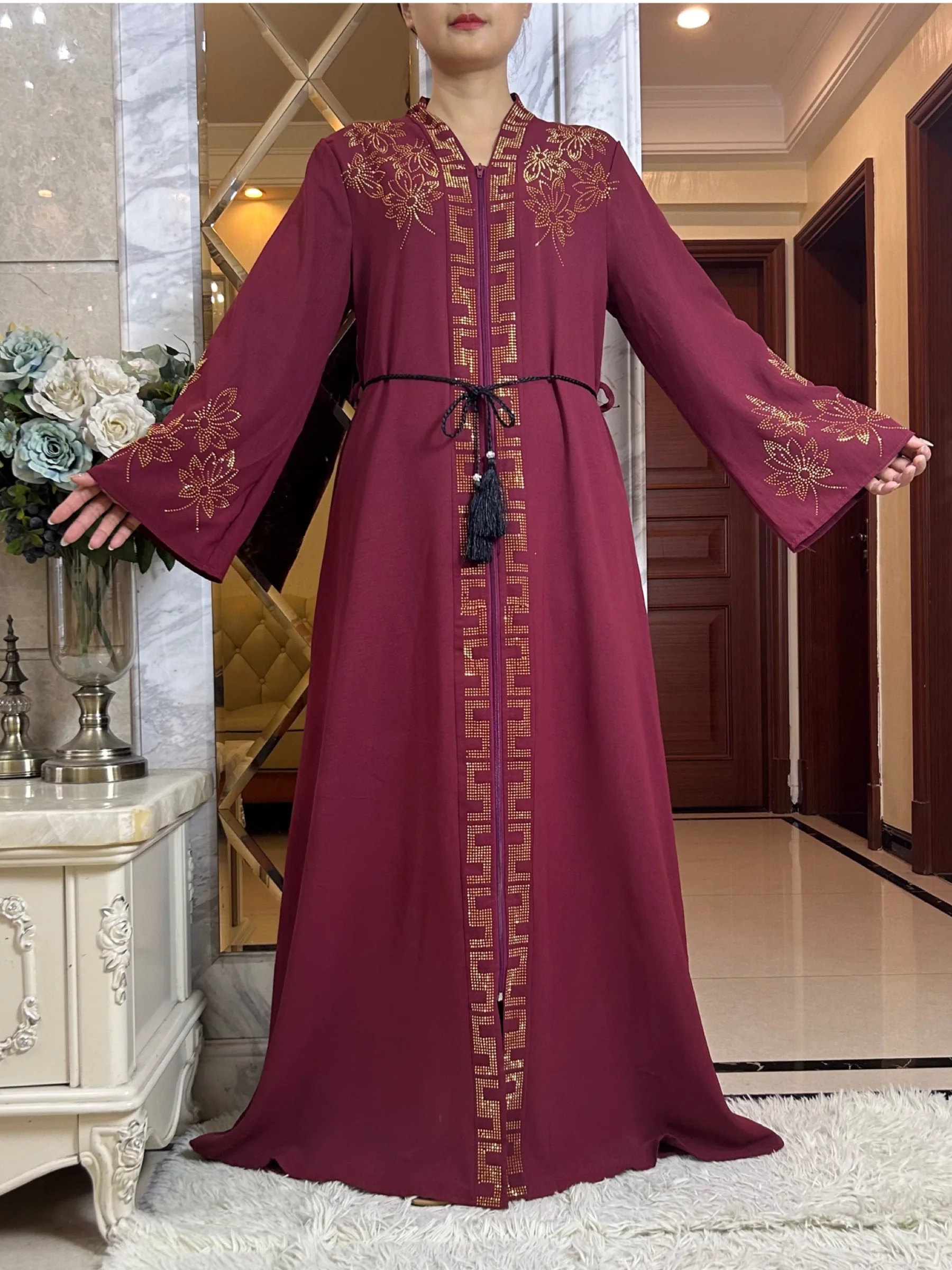 New Women Elegant Dress Chiffon Open Abaya with Zipper Muslim Women Dress Islamic Clothing Cardigan Abaya Women Muslim Dress