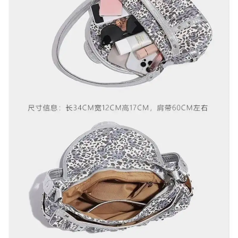 Bloom Leopard Print Sier Shoulder Bags Women Vintage Heart Casual Underarm Purse Female Punk Messenger Bag Aesthetic