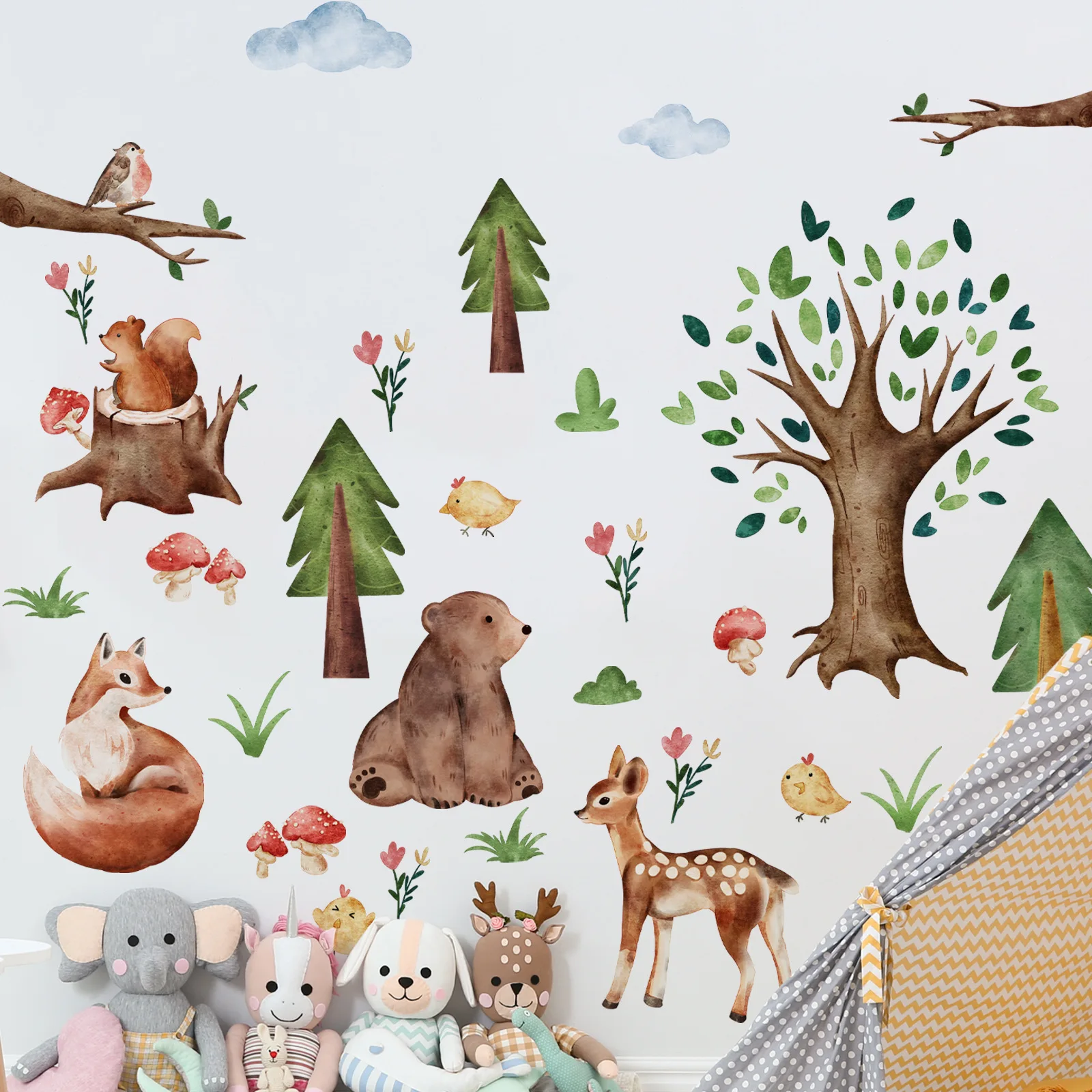 4pcs Large Forest Cartoon Animal Big Tree Wall Stickers Living Room Bedroom Home Background Decorative Mural Wall Sticker Ms7504