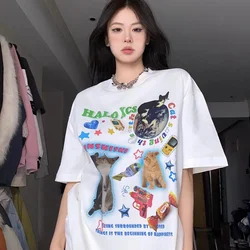 6106Halo Cat Printed Funny T-Shirts For Women Grunge Y2K Aesthetic T Shirt Korean Fashion Ulzzang Graphic Tees Streetwear Tops