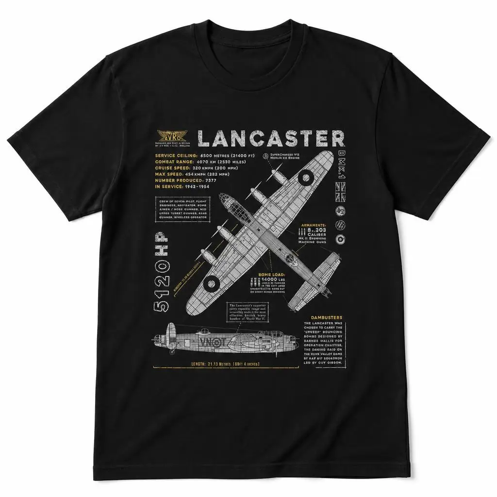 Lancaster Bomber British RAF Aircraft Dambusters T Shirts Casual Tees Short Sleeve Round Collar T-Shirt Pure Cotton Tops