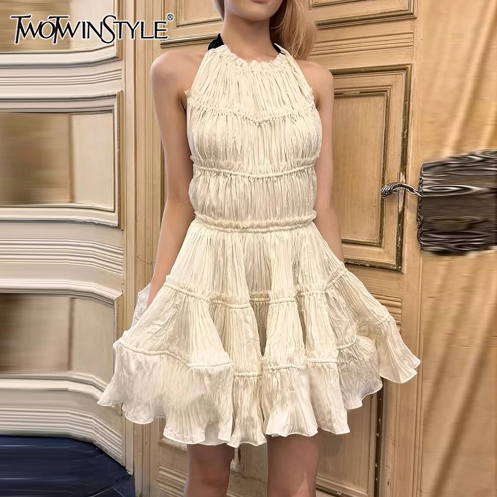 

TWOTWINSTYLE Slimming Spliced Folds Elegant Dresses for Women Halter Sleeveless Backless Patchwrok Ruffles Dress Female Fashion