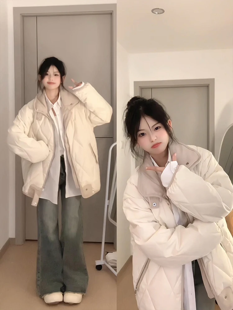 

Korean Sle Oversize Quilted Jaet Women's Winter Cotton Padded Coat Diamond Pattern Color Blo Outerwear Faionable