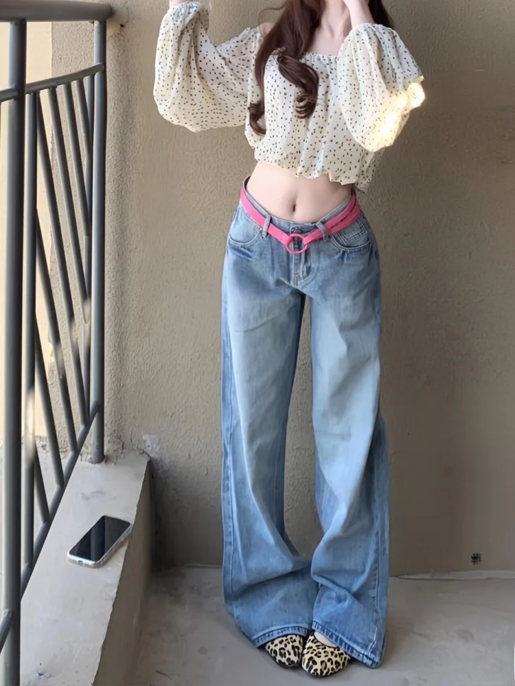 

Retro American Washed Straight Leg Jeans Women's Spring Summer New Design Loose Slim Wide Leg Floor-Length Pants