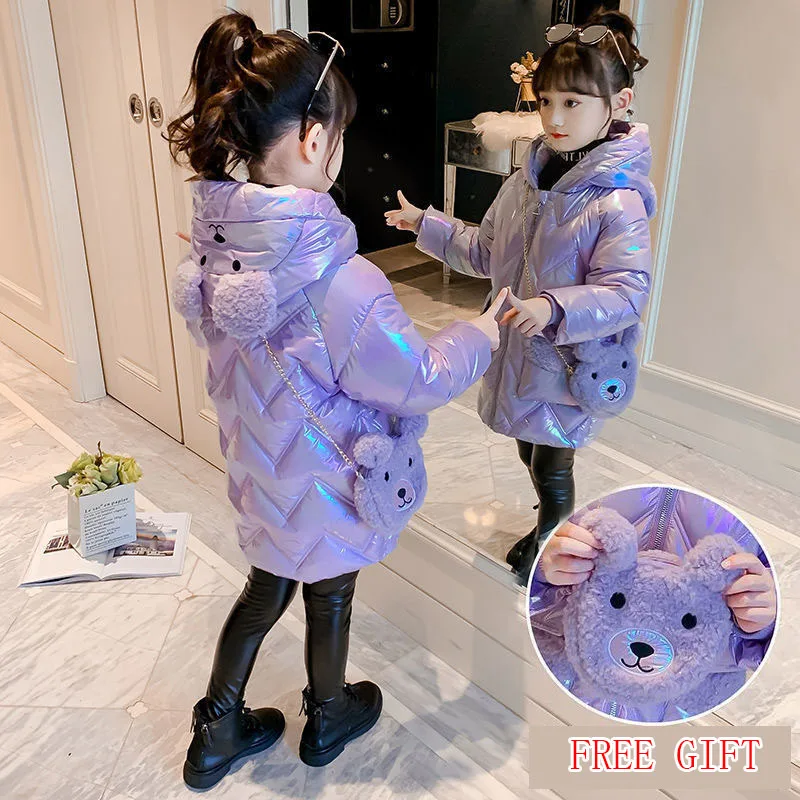 

Girls' Jacket Children'S Winter Coat 2023 Winter New Girls' Down Cotton Jacket Long Hooded Purple Pink Outwears Bear Free Gift