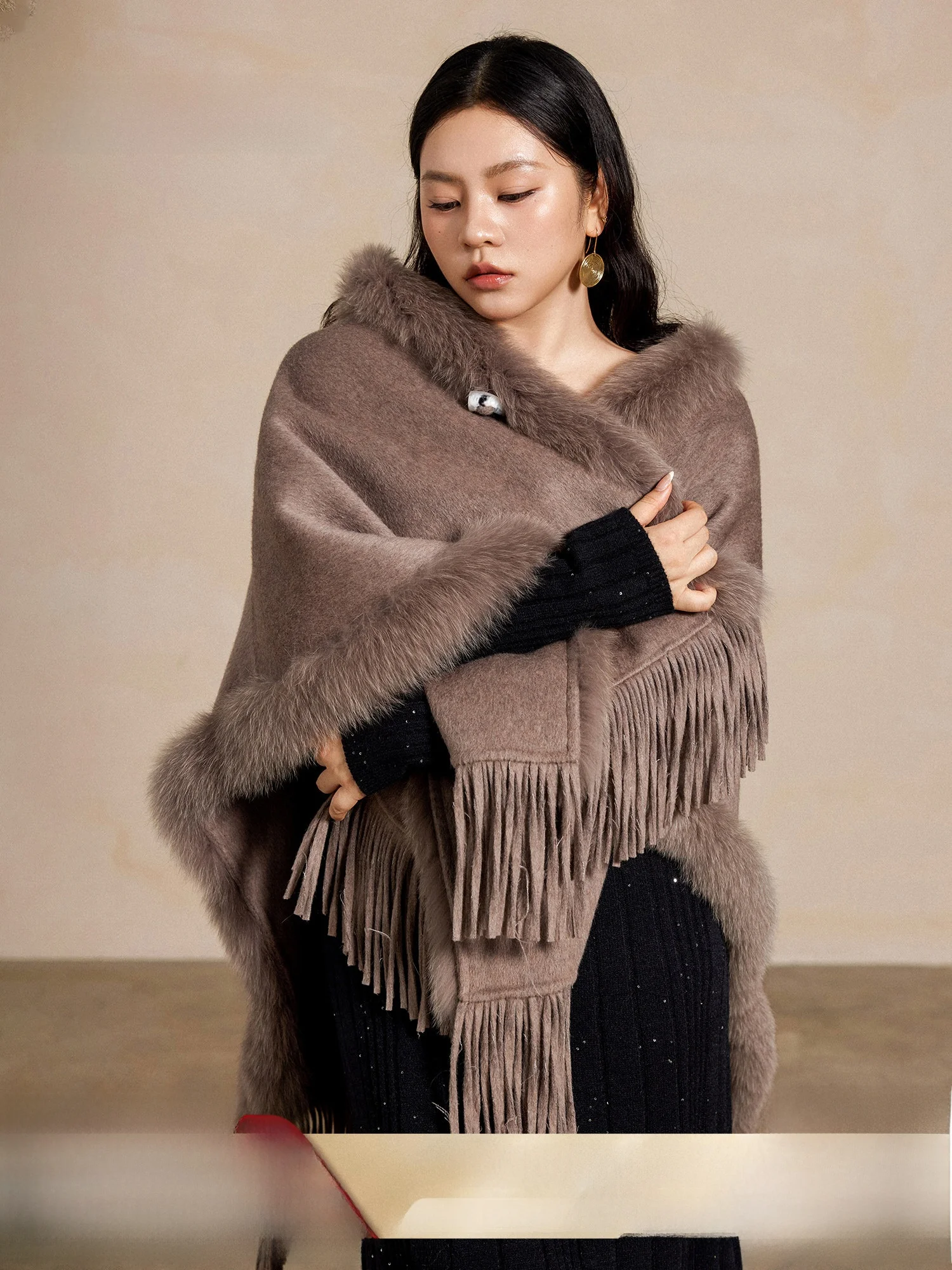 

Пальто Plusmall Warm Velvet: Теплое осеннее ретро-пальто из двусторонней шерсти с меховым воротником и бахромой, зимняя куртка для женщин больших размеров