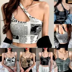 Classic Newspapers Letter Print Tops Women Y2k Push Up Camisole Padded Bra Suspender Tanks Newsprint Camis Female Sleeveless Top