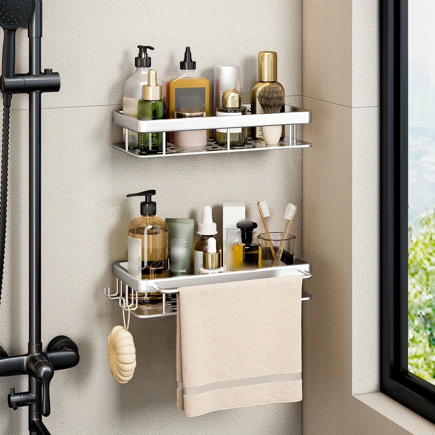 

Bathroom Storage Rack Punch-Free Aluminum Bathroom Rack Washbasin Shampoo And Cosmetics Shelf