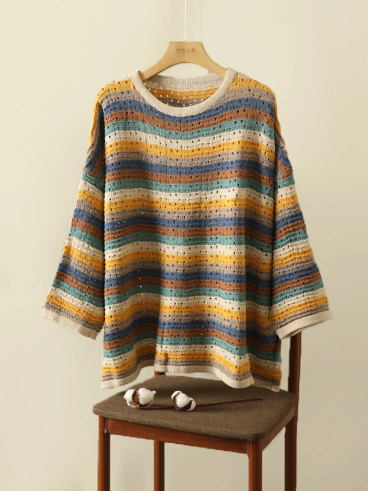 

Свободный вязаный свитер в полоску, круглый базовый слой, большой размер, женский повседневный свитер, длинный свек, осень-весна, мода