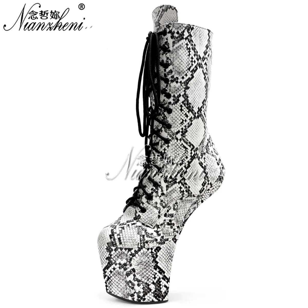 Sexy Fetish Snake skin 8inch High Heels Ankle Boots 20CM Hoof Heels Platform Exotic shoes Stripper Cross dressing props shoes