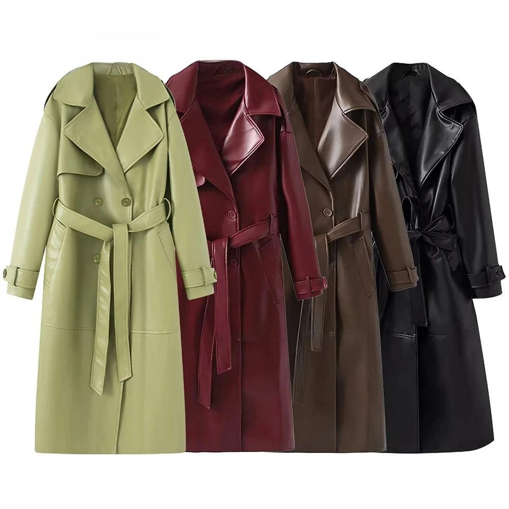 

2025 Autumn Double Breasted Streetwear Long Coat Loose Sashes Fall Casual Female Coat Vintage Solid Overcoat Fashion