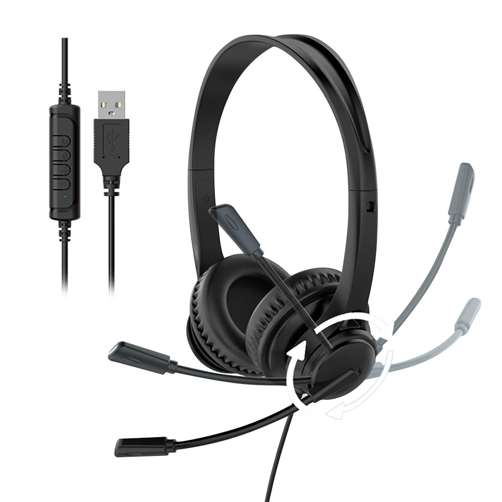 Auriculares USB/Tipo C/3,5 mm con micrófono para PC Auriculares de negocios con micrófono giratorio Cancelación de ruido para centro de llamadas