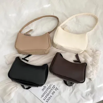 Nuevos bolsos de cuero PU para mujer, bolso de color sólido para axila, bolso de hombro a la moda para axila, bolsos de hombro pequeños de diseño Simple para niñas