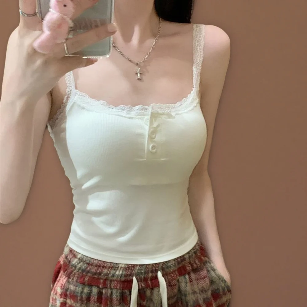 สุภาพสตรีเสื้อผ้าเสื้อสายรัดเสื้อกั๊ก Strappy Tops Sexys Camisole ปุ่ม Slim แฟชั่นลูกไม้คอธรรมดา Crop Tops ฤดูร้อน 2025