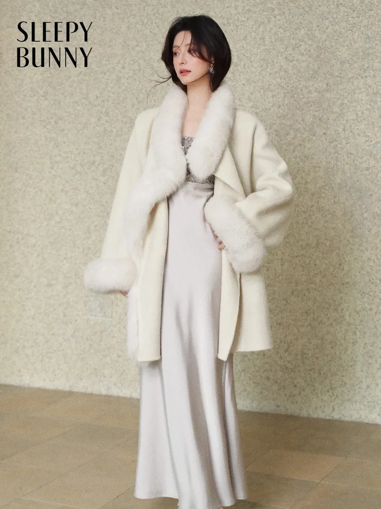 

Women Cream Double Faced Wool Collar Trim Coat Lady Elegant Spring Outerwear Loose Fit Lapel Overcoat Warm Mid Length Daily Wear
