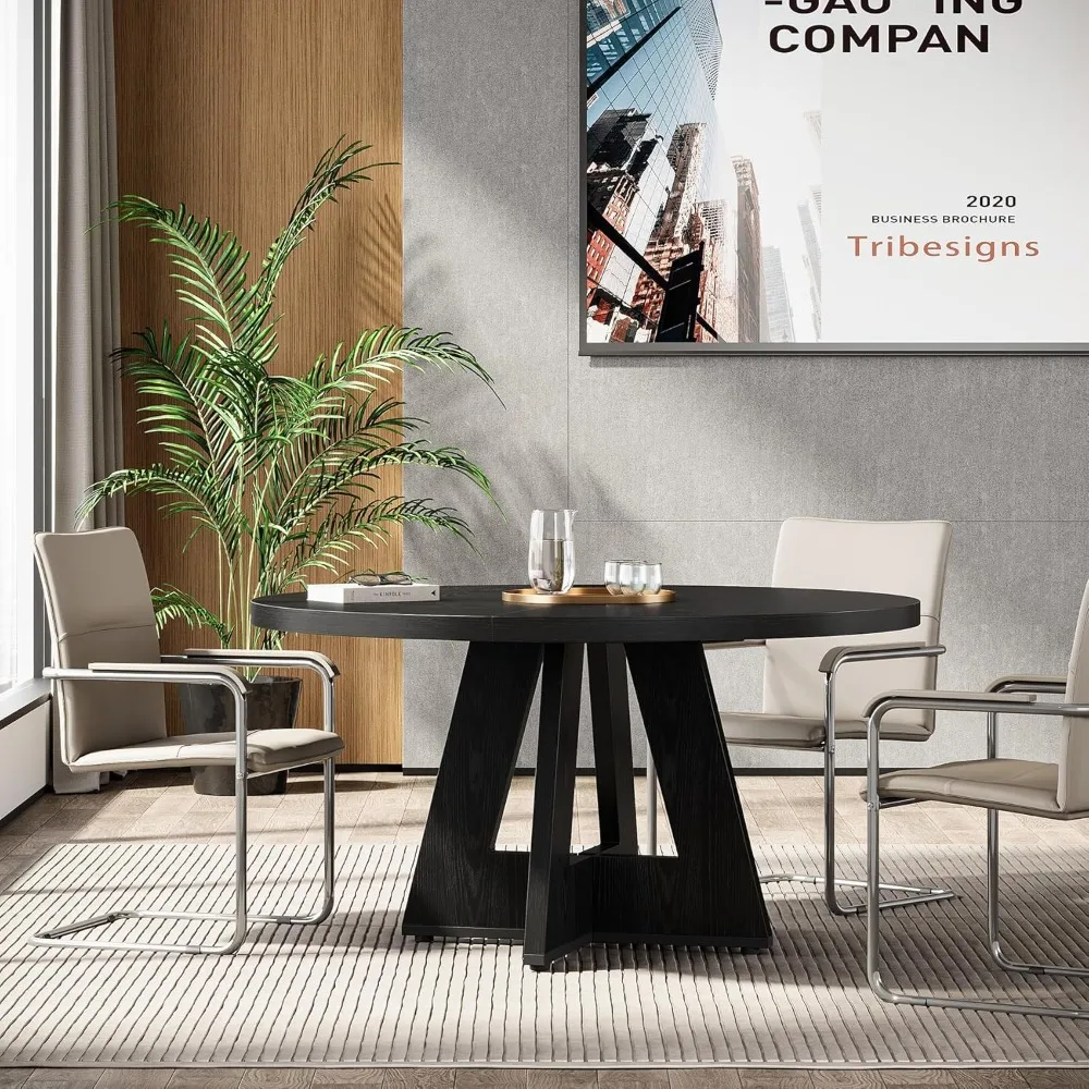 47-Inch Round Conference Table for 4-6 People, Wooden Meeting Room Table with Thicken Tabletop and Wood Base (Black)