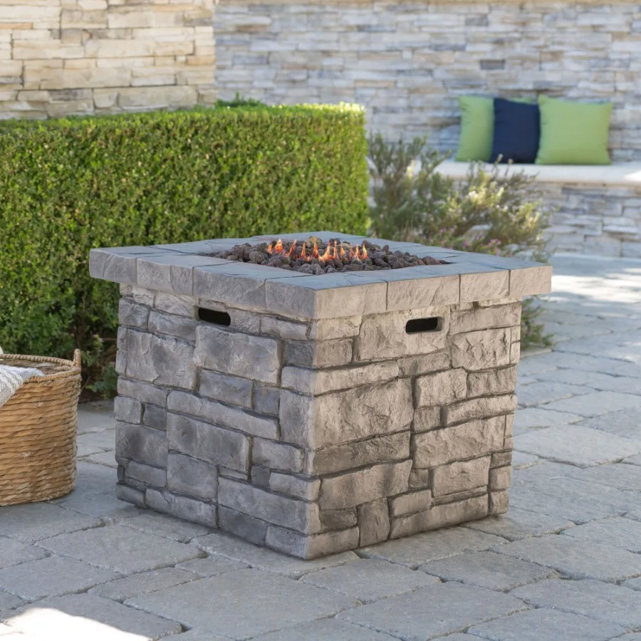 

Outdoor square MgO propane fire pit for patio use, grey finish, 30-inch size with 40, 000 BTU high heat output and weather-resi
