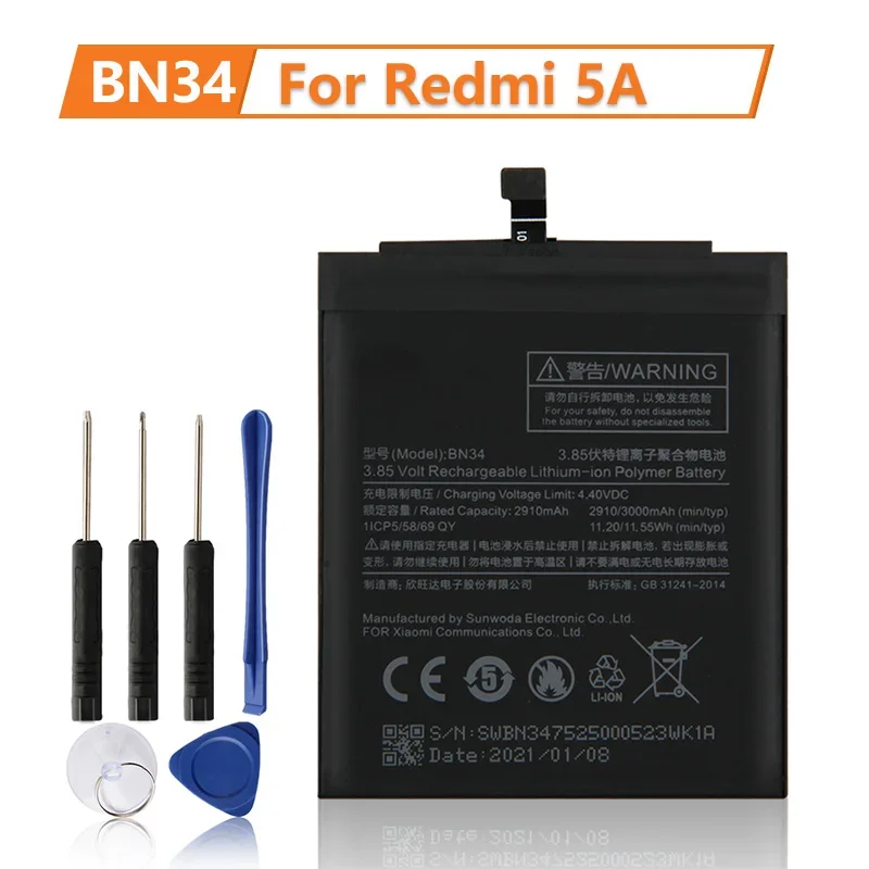 New Replacement Battery BN34 For Xiaomi Mi Redmi 5A Redrice 100% New Phone Battery 3000mAh