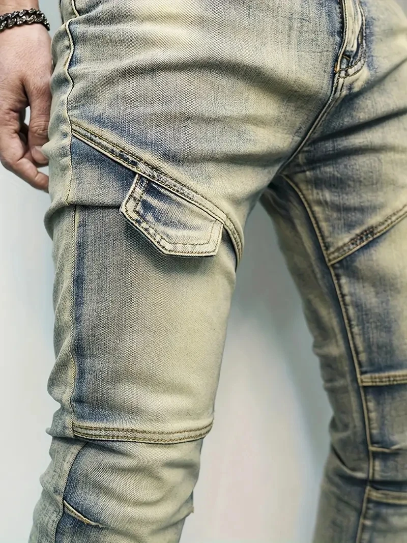 Männer Herbst Straße Elastische Denim Jeans Waschen Einfarbig Zipper Cargo Hosen Casual Slim Fit Täglichen Tragen Jogger Mittlere Taille Hose