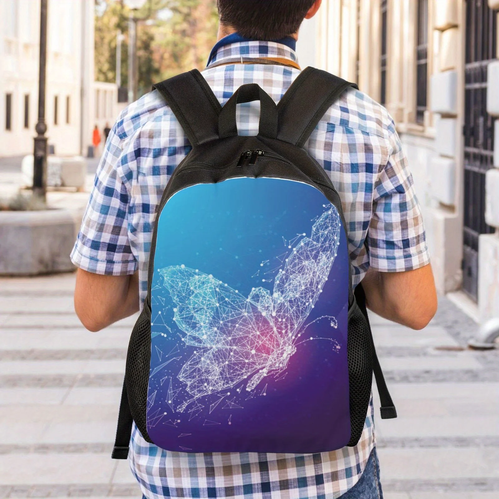 Mochilas negras ajustables ligeras con estampado de mariposa para hombres y mujeres, bolsos de hombro casuales para viajes de negocios, estilo técnico