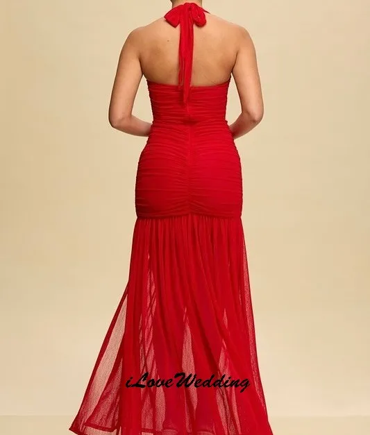 Красные шифоновые платья для выпускного вечера 2025 Элегантное свадебное платье для женщин Вечерние платья с рюшами и открытой спиной, сексуальное без рукавов по индивидуальному заказу