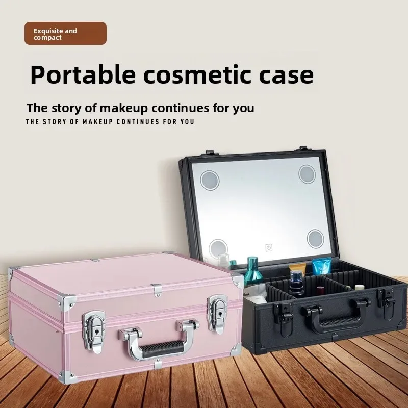 Portable LED Light Mirror Cosmetic Box Multi-layer Large Capacity Makeup Tool Case Professional Makeup Artist Follow Organizer