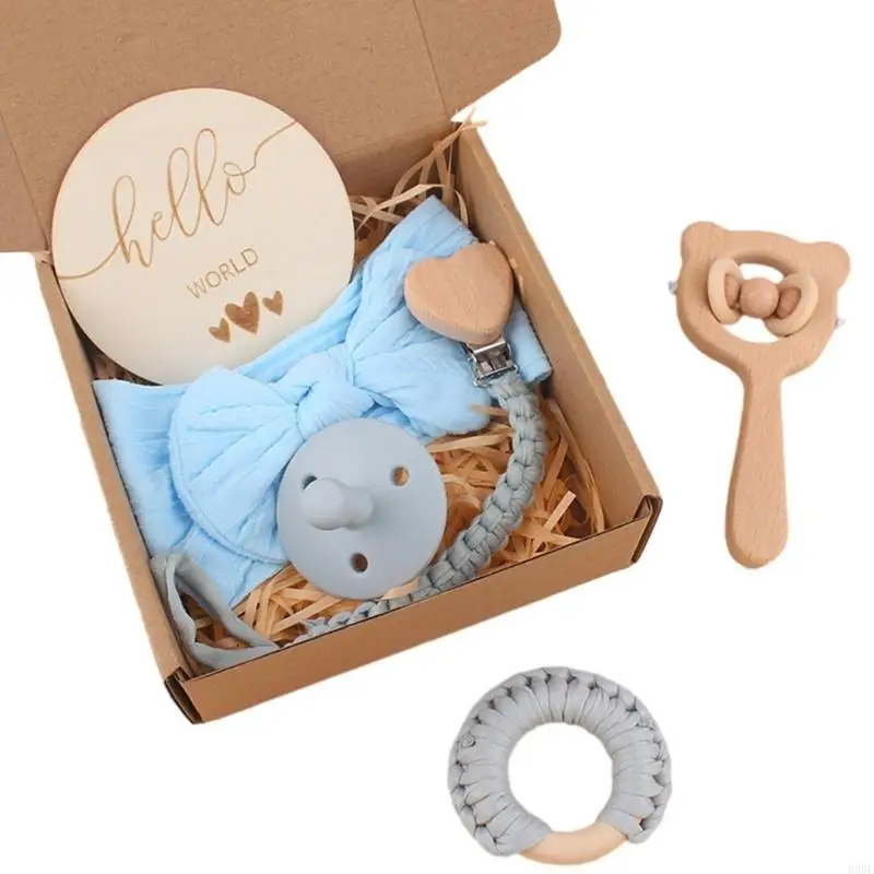 

E06F 6Pcs Baby Pacifier Chain Bowknot Head Wrap Teether Bead Silicone Nipple Crochet Soothing Set Infant Christmas Gift