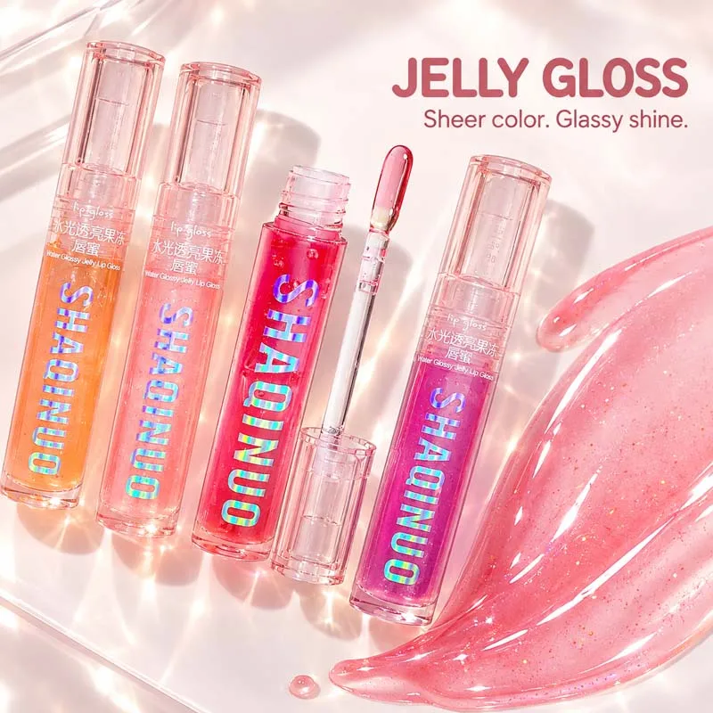 SHAQINUO 4PCS Jelly Lip Gloss Set Hydrating Plumping High Shine Sheer Tint Fruity Lip Oil Non-Sticky Glossy Lip Makeup Gift