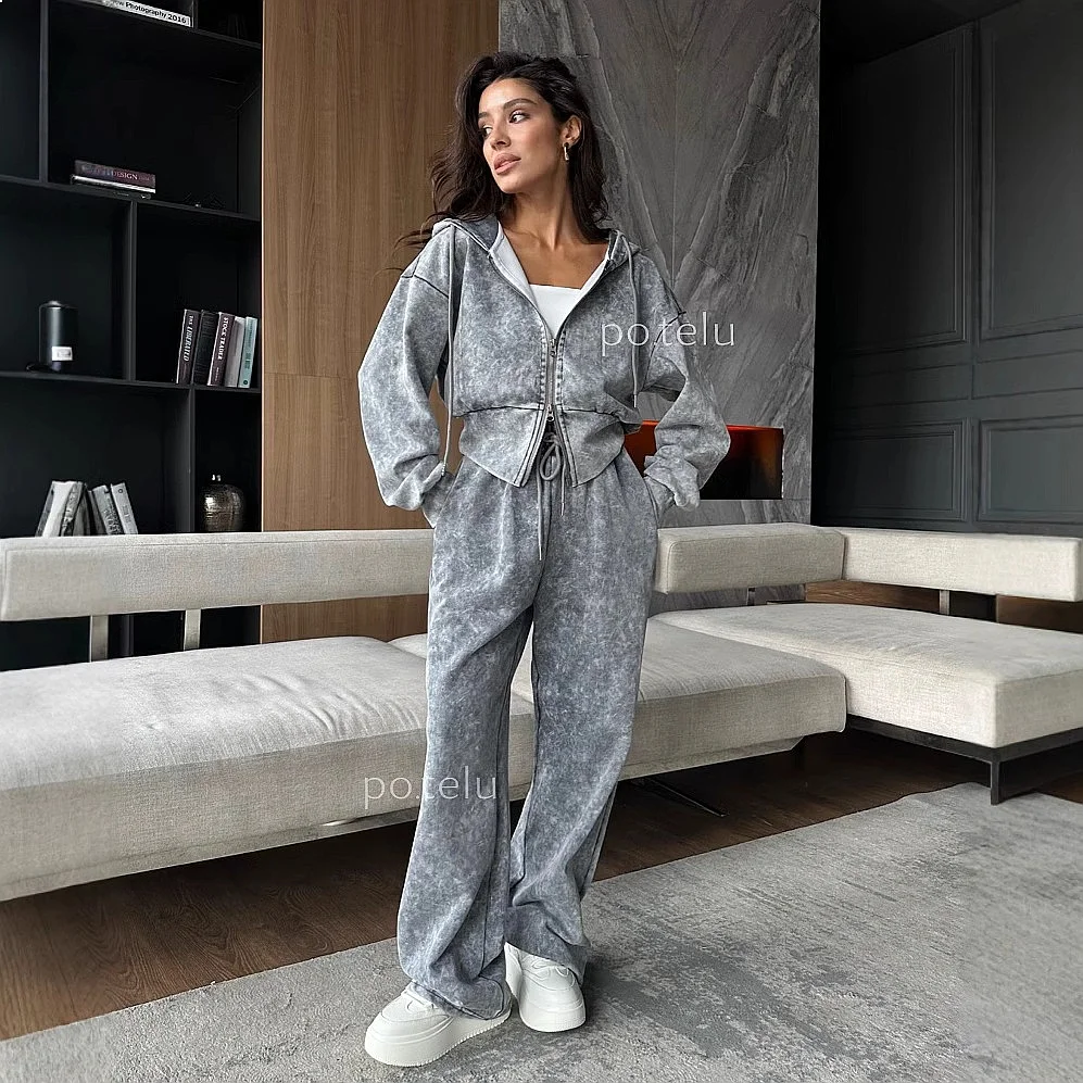 Washed Hoodie Sets for Women Zip Up Hoodie Casual Jogger Pants Matching Set