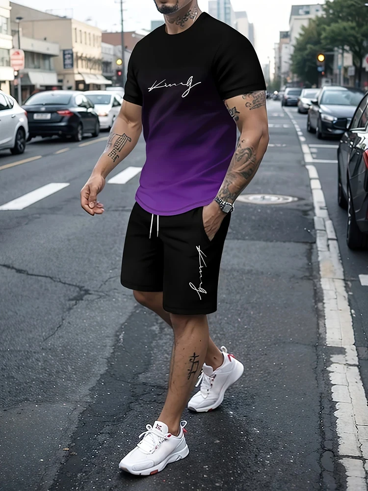 2024 New Summer Men's Casual Suit Street Fashion Casual T-shirt Outdoor Sports Running Shorts Large Size Two-piece Suit