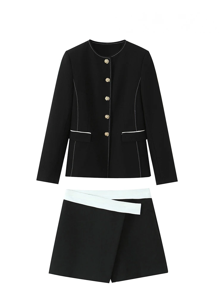 

HH Women Solid Elegant Golden Single-breasted Long Sleeve Round Collar Short Blazer+Loose Pockets Wear Belt Shorts Suit