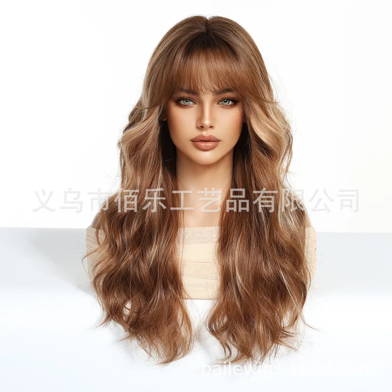 Best-selling European and American wigs with bangs, brown highlights, long curly hair, full head synthetic fiber women's wigs