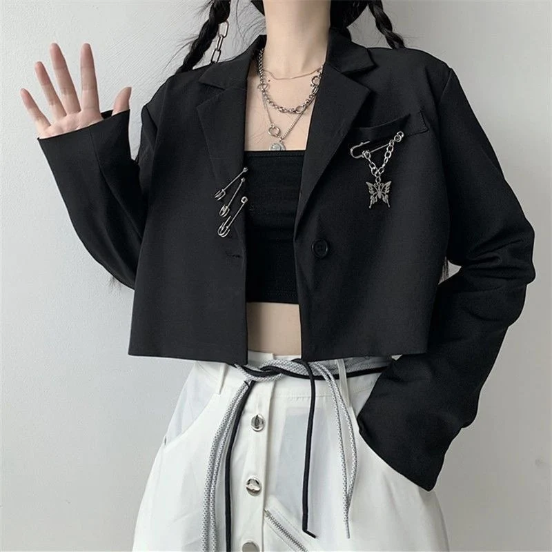 Autumn Women's Black Cropped Blazers Y2K Chic Metal Chain Design Suit Jacket Korean Hipsters Streetwear Loose Short Coat Woman
