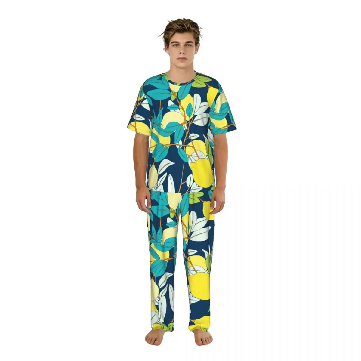 

Men's Pajamas Set Summer Short-Sleeve Tops + Long Pants Nightwear Home Wear Suits Vintage Botanical Lemon Pattern Sleepwear