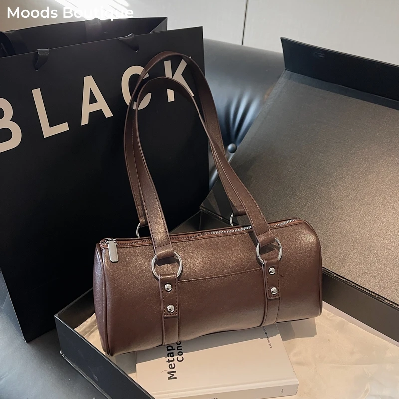 

Vintage Style Cylinder Shape Shoulder Bags For Women Soft PU Leather Pure Color Underarm Bag Casual Street Commuter Handbag 2025