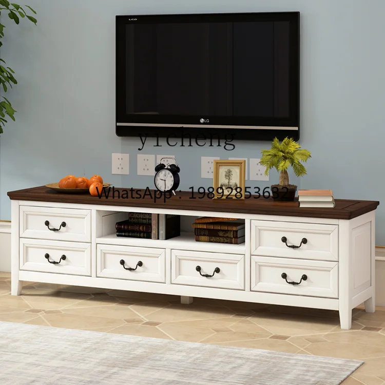 TQH all-pure solid wood TV cabinet coffee table combination living room Mediterranean low cabinet bedroom white pastoral