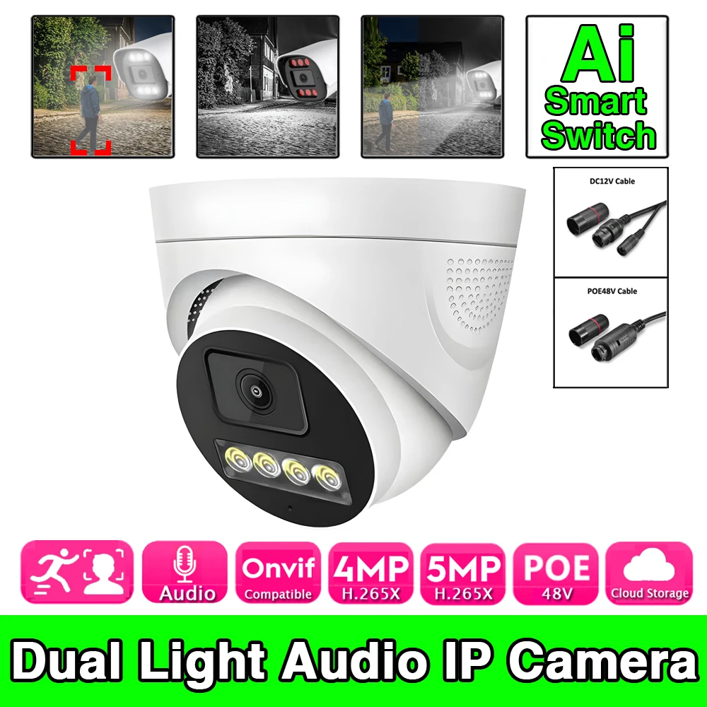 

AI Audio IP POE 5MP 4MP Dome Camera with Mic Infrared Full Color Dual Light RTSP Xmeye Indoor Home Use for Smart Surveillance